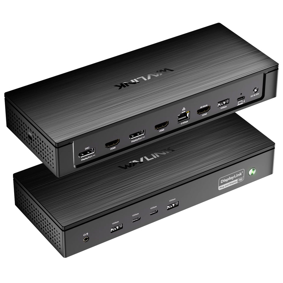 WAVLINK Pro Docking Station DL7400 five-monitor setup for enhanced productivity.