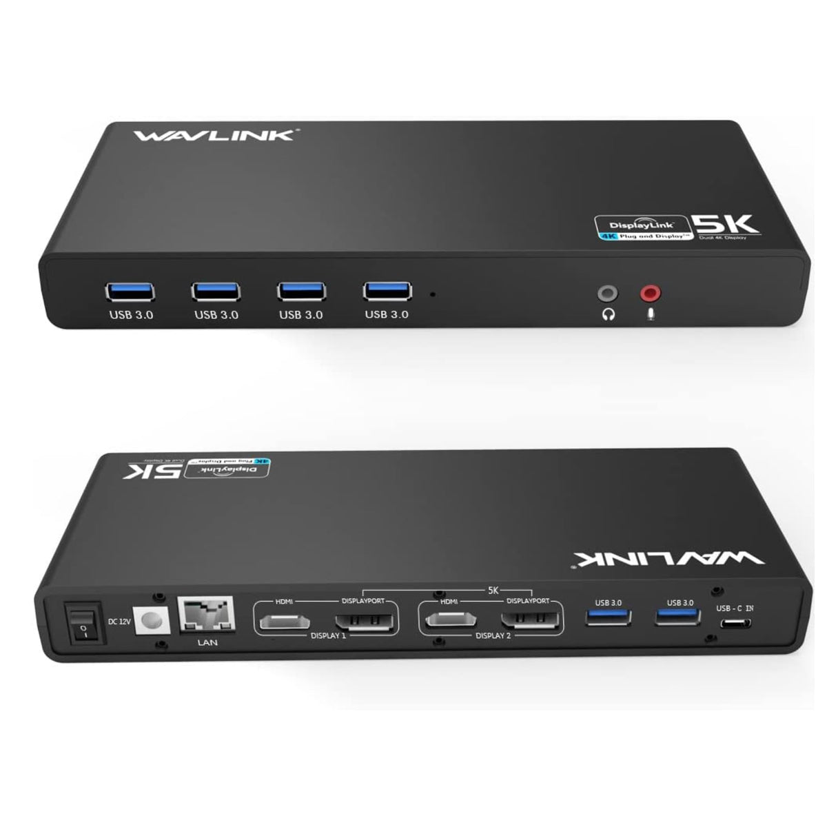WAVLINK Pro dual 4K60Hz dock front view for a compact workspace and dual displays.