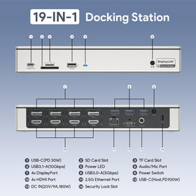 WAVLINK quad-monitor dock demonstrates expanded display capabilities for productivity.