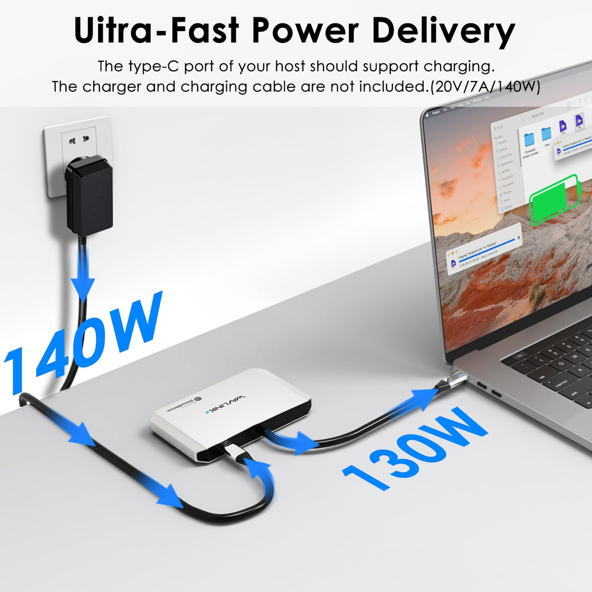 WAVLINK PD 140W support powers compatible laptops efficiently