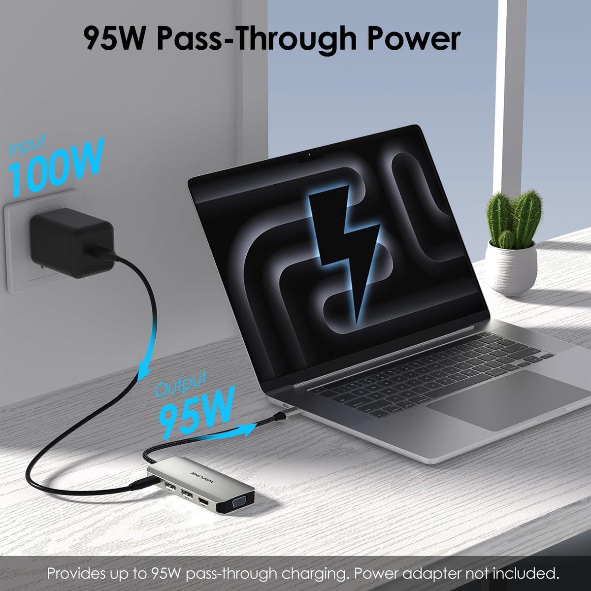 WAVLINK beside a laptop showing compact scale and space-saving desktop advantage