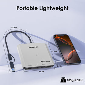 WAVLINK size scale next to smartphone showing compact form factor for portable workflows