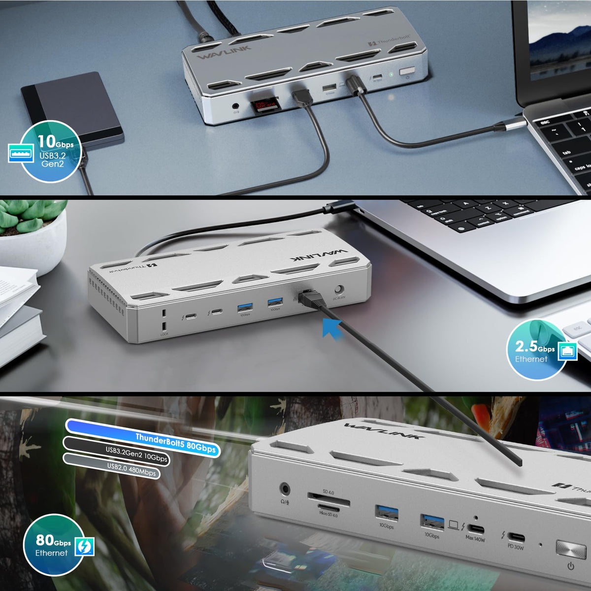 WAVLINK TB5 Dock 2.5G Ethernet port for fast networking