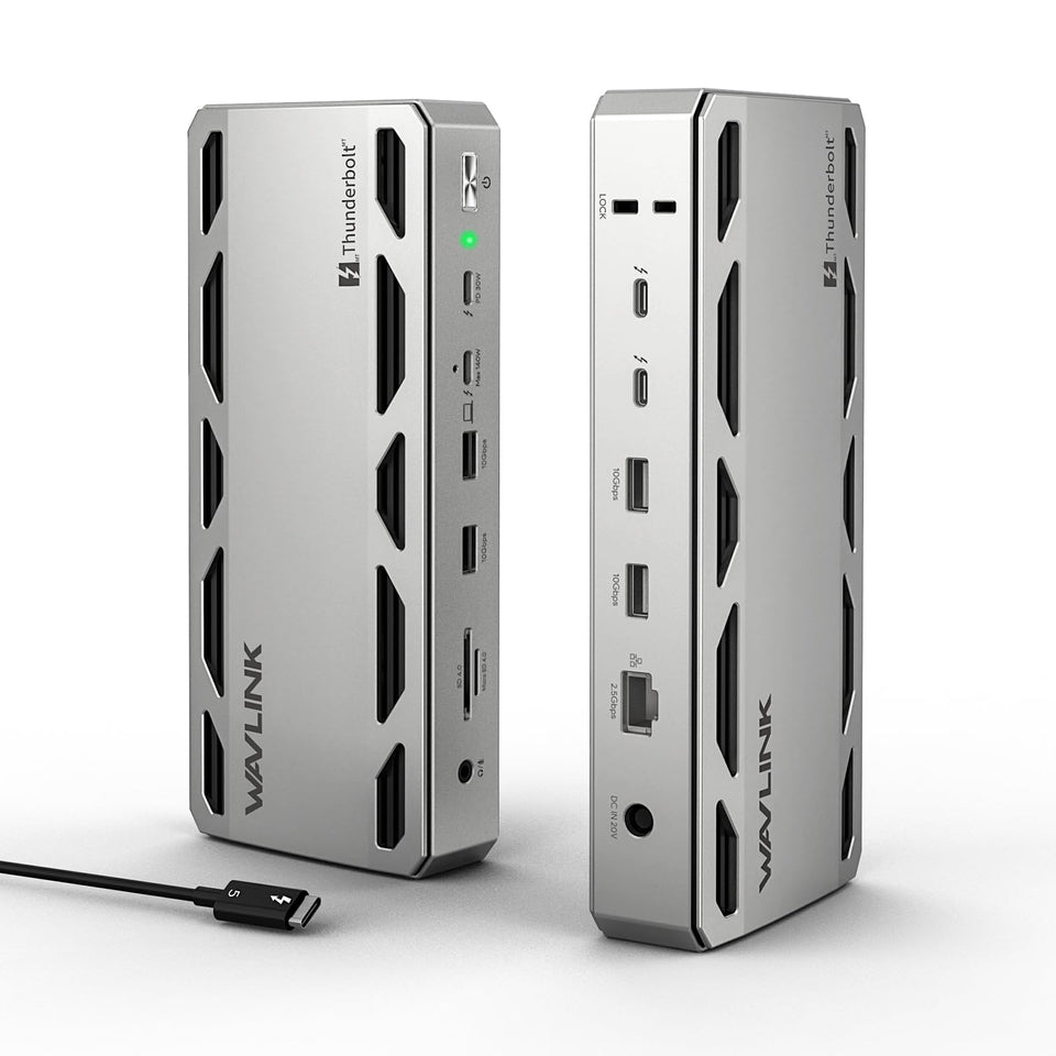 WAVLINK TB5 Dock front view with full port array for connectivity