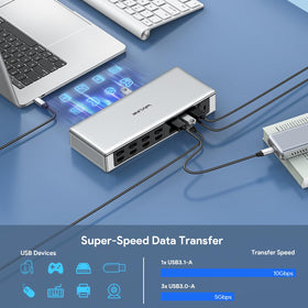 WAVLINK Thunderbolt-compatible dock enables fast data transfer and compatibility.