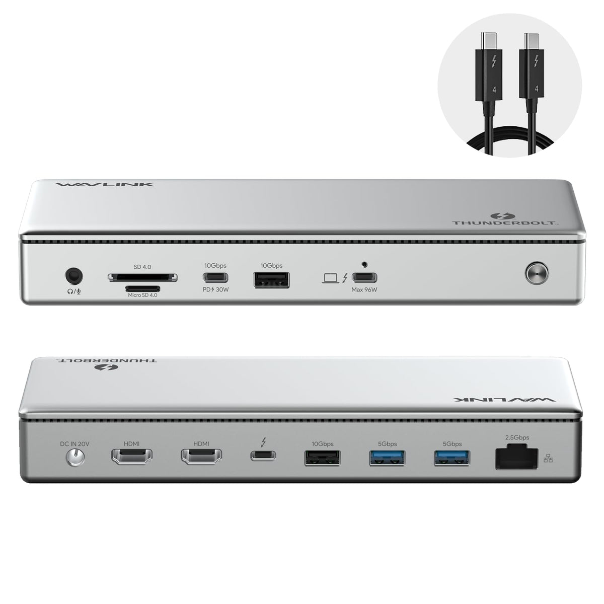 WAVLINK Thunderbolt 4 Dock front view showing compact design for desk setups
