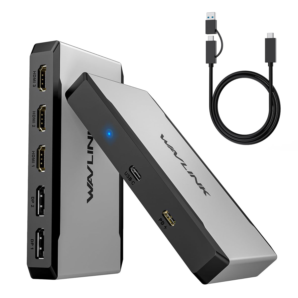 WAVLINK triple-monitor docking station showing three 4K outputs for a spacious desk setup.