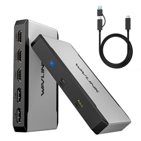 WAVLINK triple-monitor docking station showing three 4K outputs for a spacious desk setup.