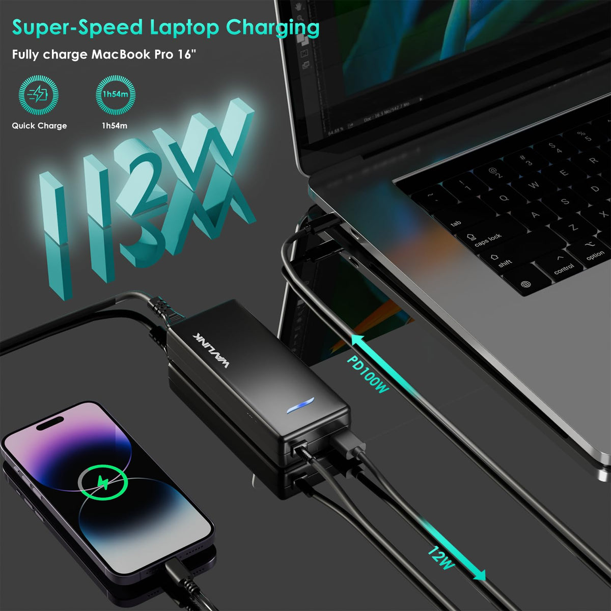 WAVLINK USB-A 12W port supports charging phones and tablets.