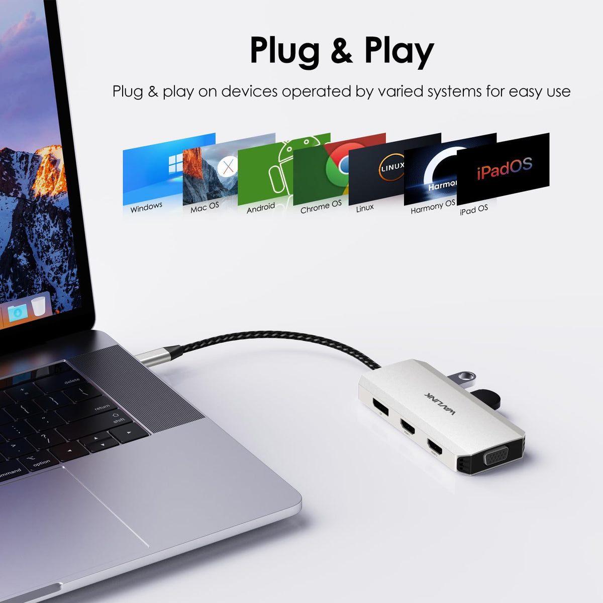 WAVLINK USB-A ports with wireless dongle showing clean peripheral pairing