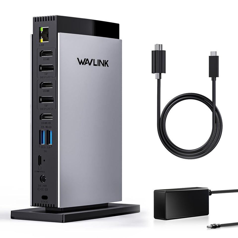 WAVLINK USB-C DisplayLink docking with triple HDMI outputs for crystal-clear 4K visuals.