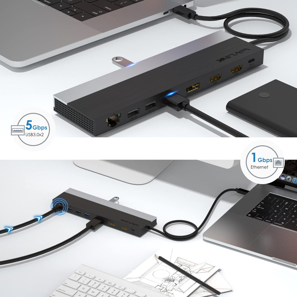 WAVLINK USB-C docking station with SD/TF card slots for quick media transfer