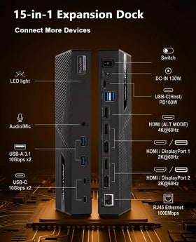 WAVLINK dock back ports image—connects HDMI and DisplayPort for three displays.