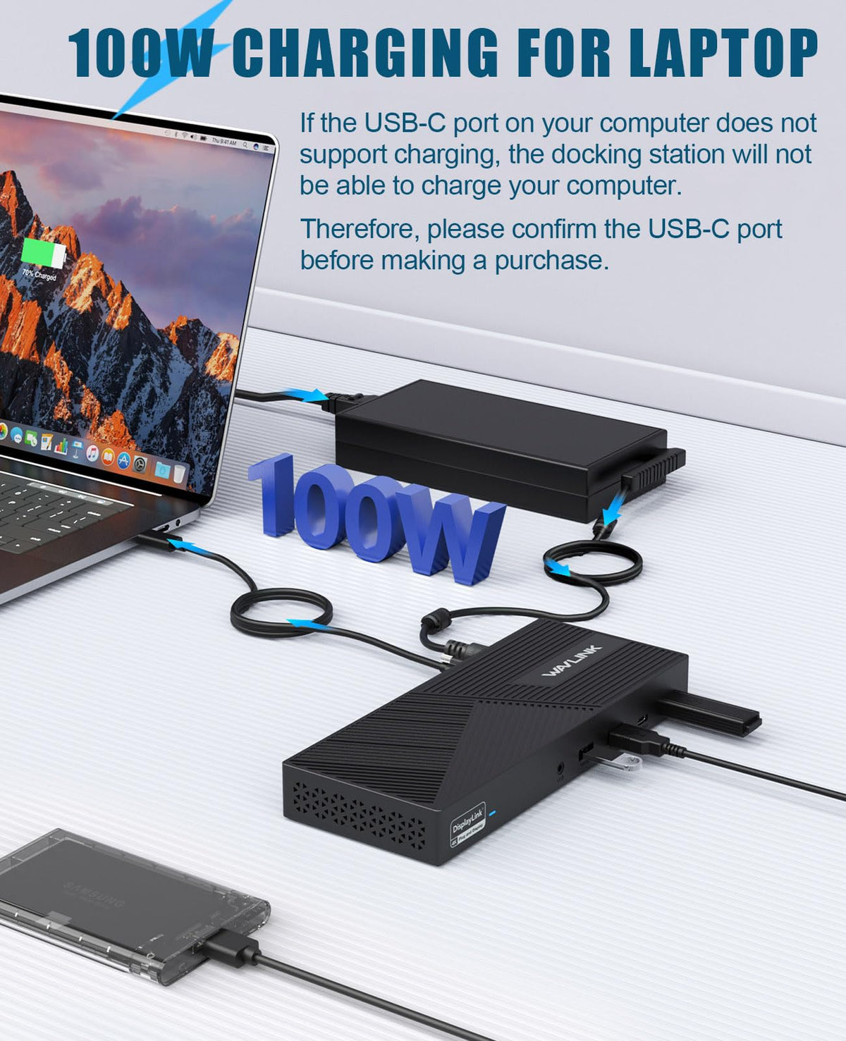 WAVLINK USB-C dock 3x4K output delivers crisp, high-definition displays.