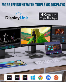 WAVLINK USB-C triple monitor dock on-desk setup shows a clean, organized workspace.