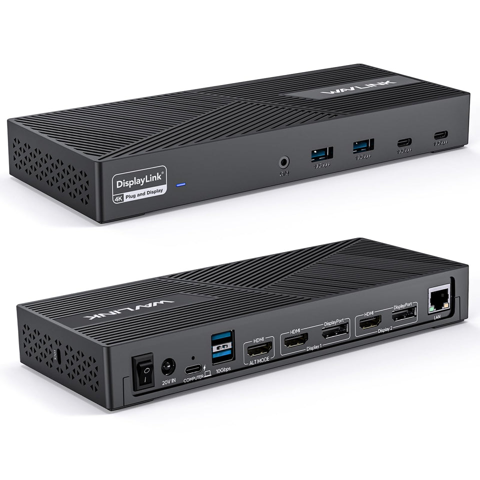 WAVLINK USB-C triple monitor dock front view enables efficient multi-monitor workspaces.