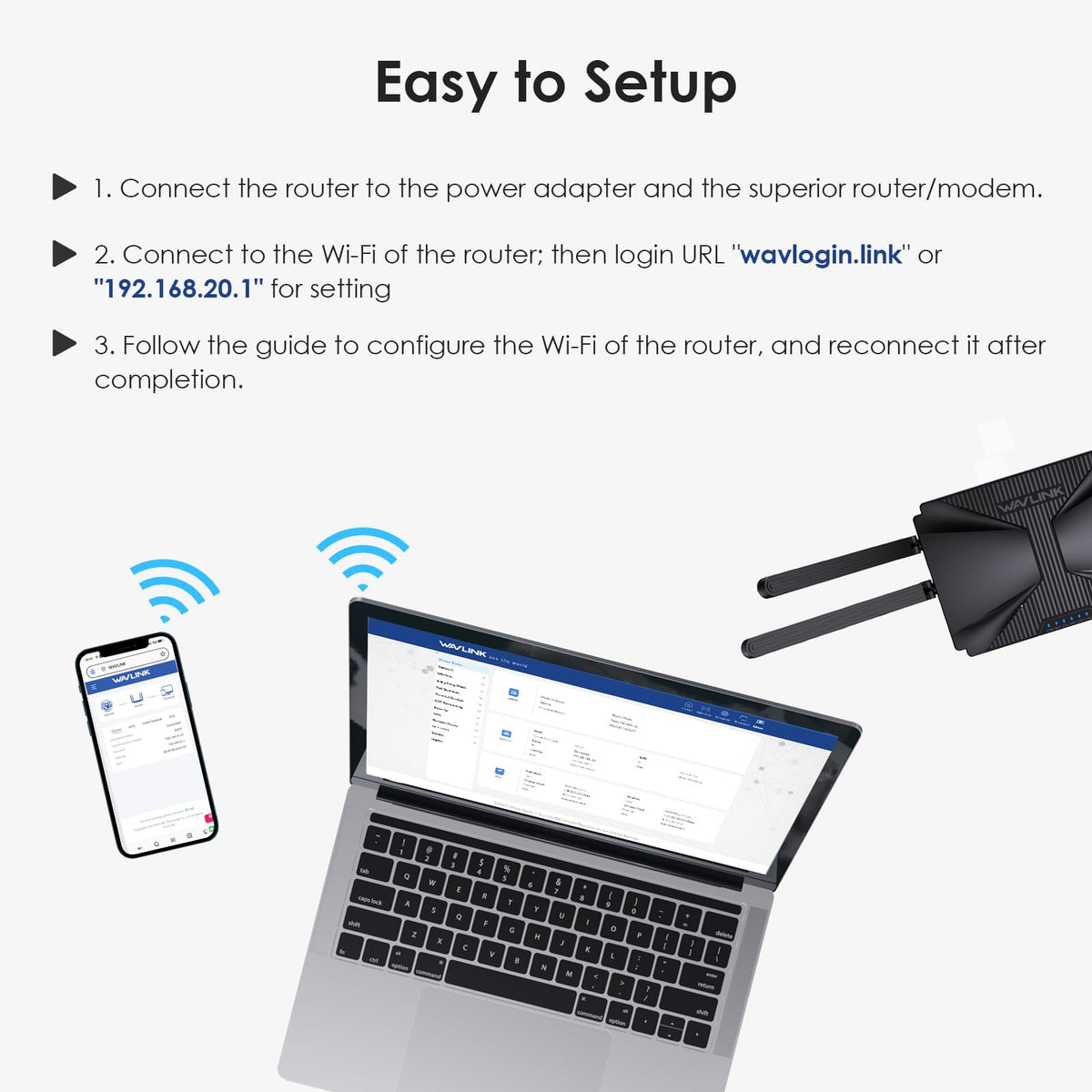 WAVLINK WPA3 and 160MHz security features illustration.