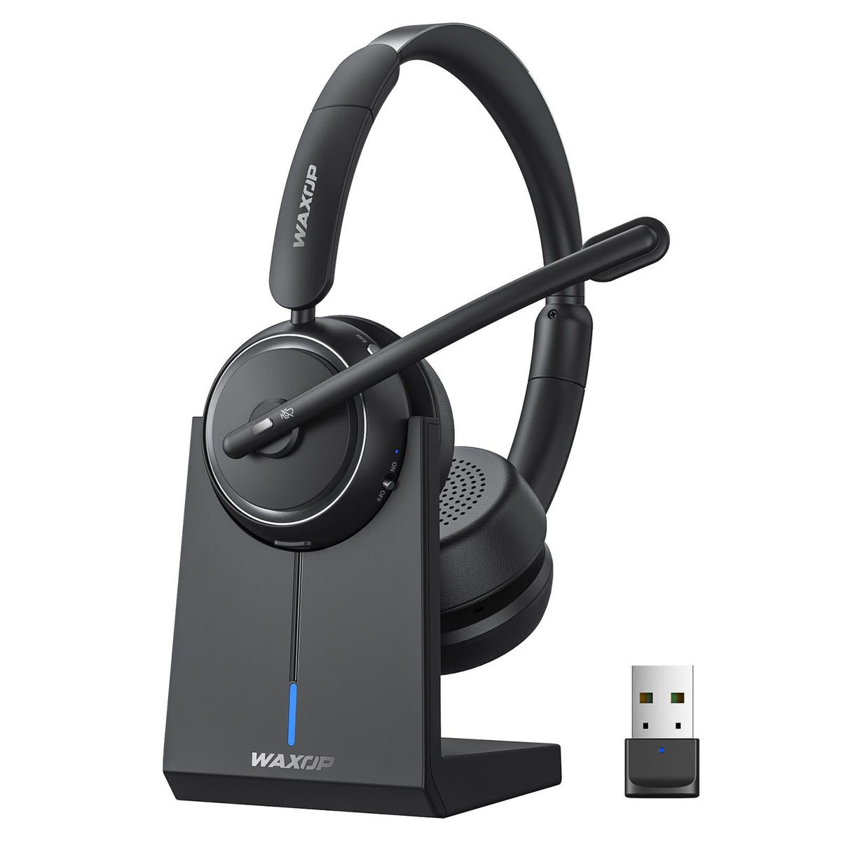 Waxop wireless headset with noise-cancelling mic for crystal-clear calls in busy environments.