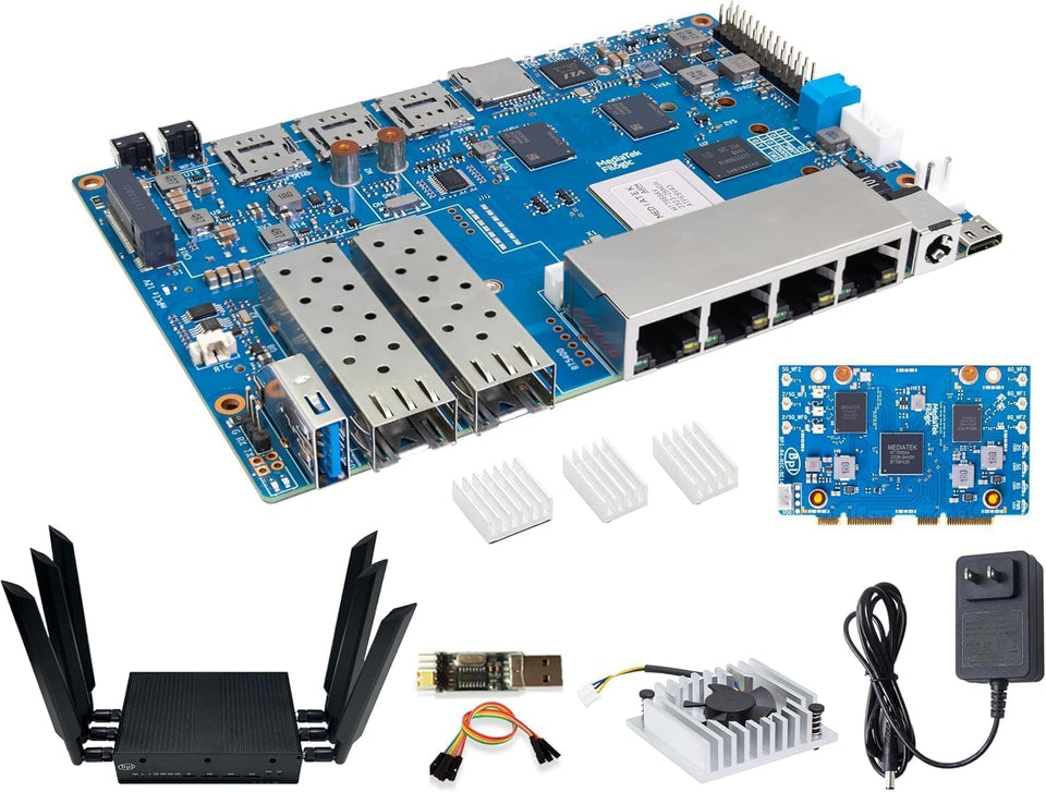 WayPonDEV BPI-R4 front view showcases compact router board design for WiFi 7 gateways