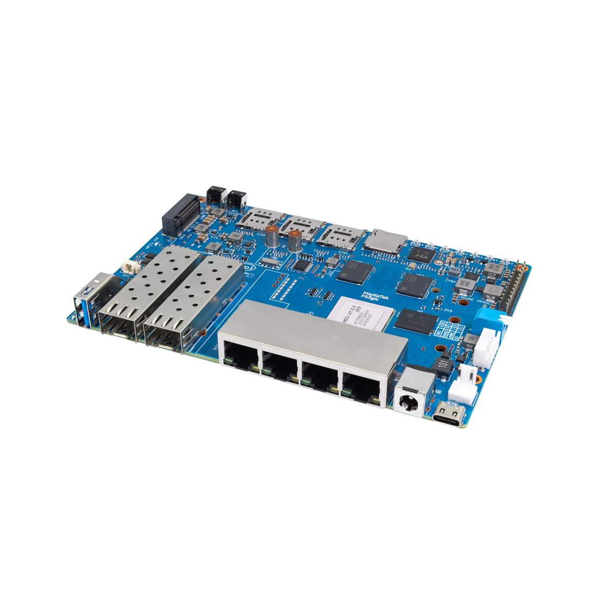 WayPonDEV BPI-R4 ports and 10Gbe SFP/GbE layout enabling fast backbone connections