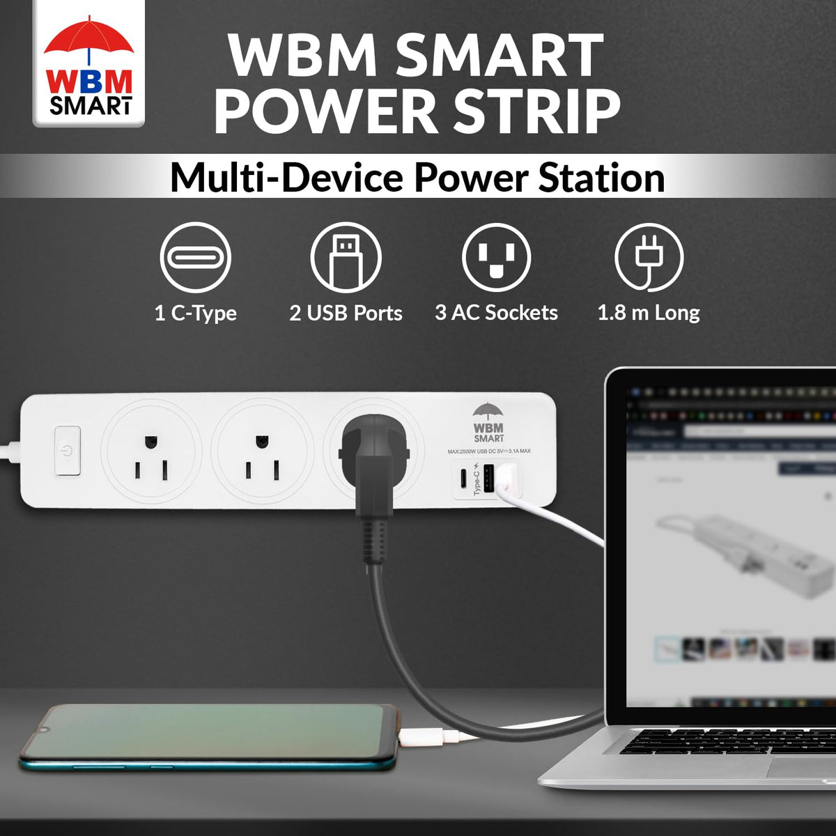WBM SMART side profile with 5.9 ft cord demonstrating reach and flexibility