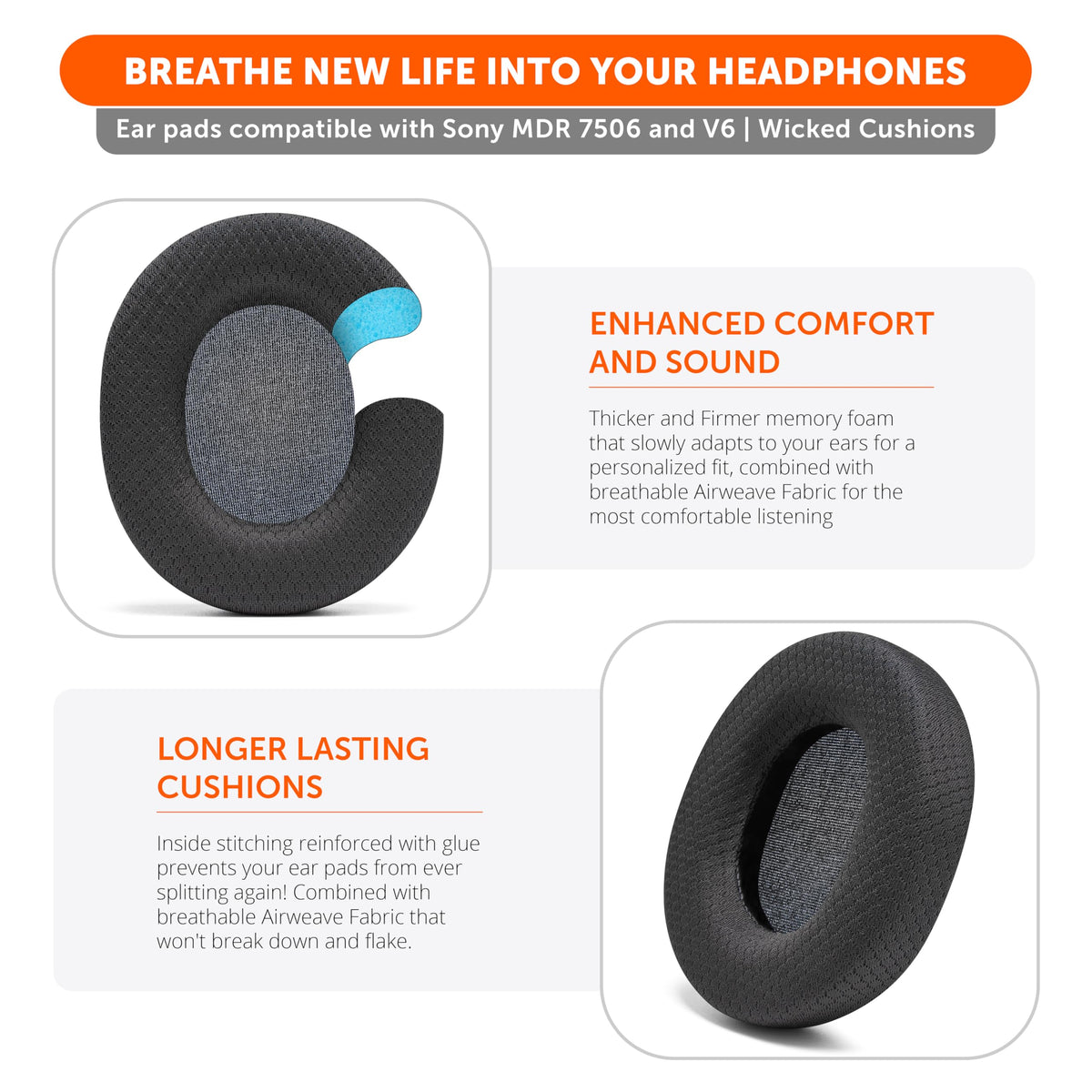 WC AirWeave ear pads for Sony MDR-V6, front view with precise fit