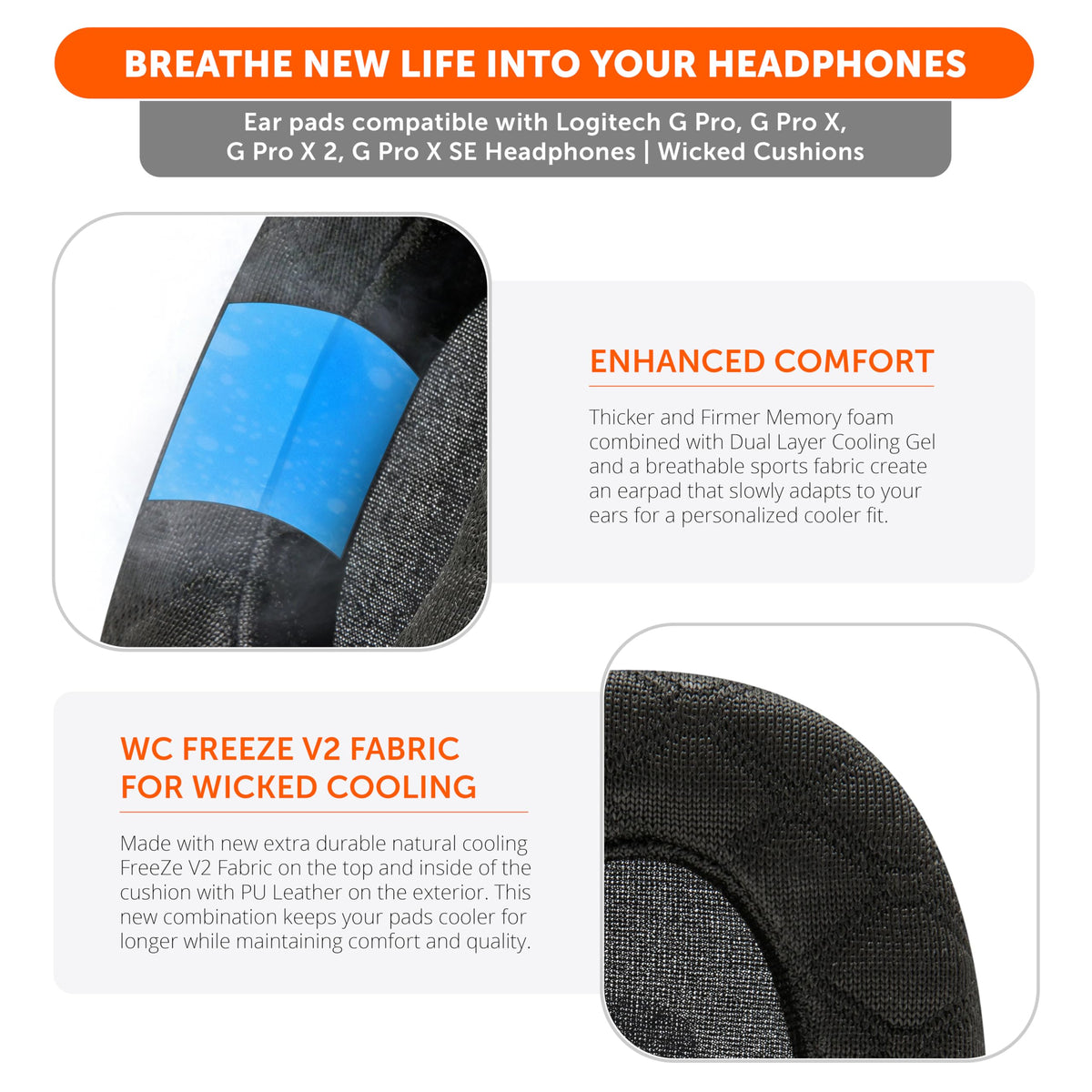 Angled memory foam contouring behind the ears for reduced pressure during long sessions.