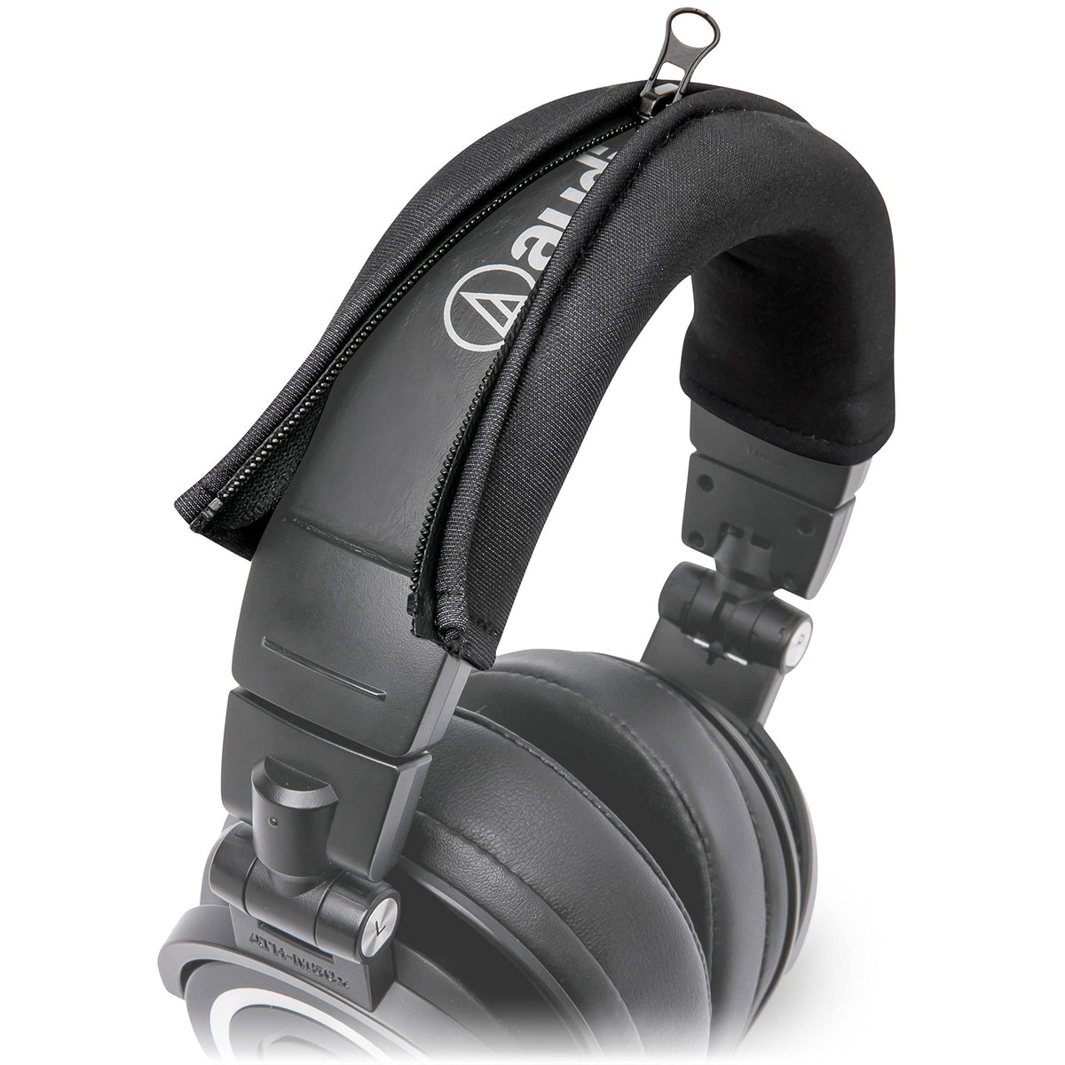 WC BandZ V2 headband cover on black ATH M50X close-up for flake-free listening