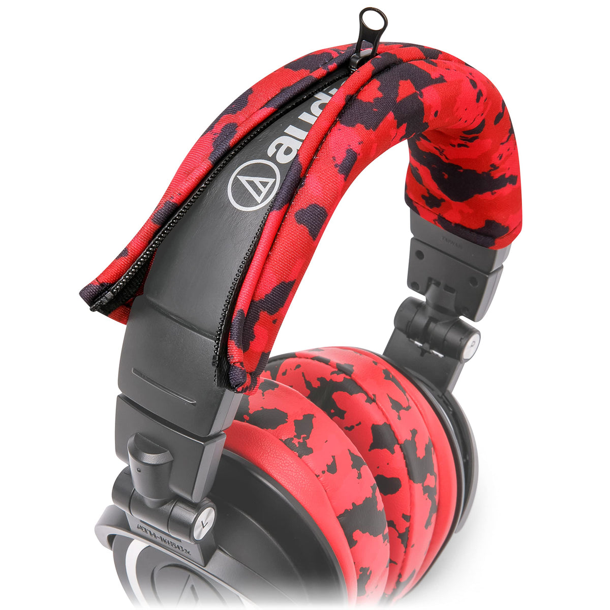 WC BandZ V2 red camo headband cover on ATH M50x improves comfort and prevents flakes.