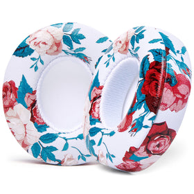 WC floral white front view showing earpad pair and neat fit benefit