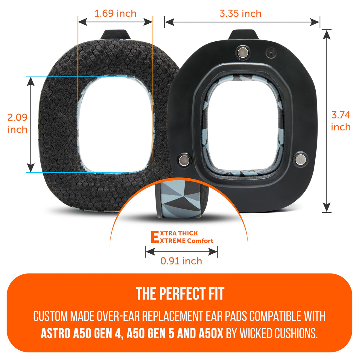 WC earpad cross-section showing gel and foam layers for heat dispersion benefit