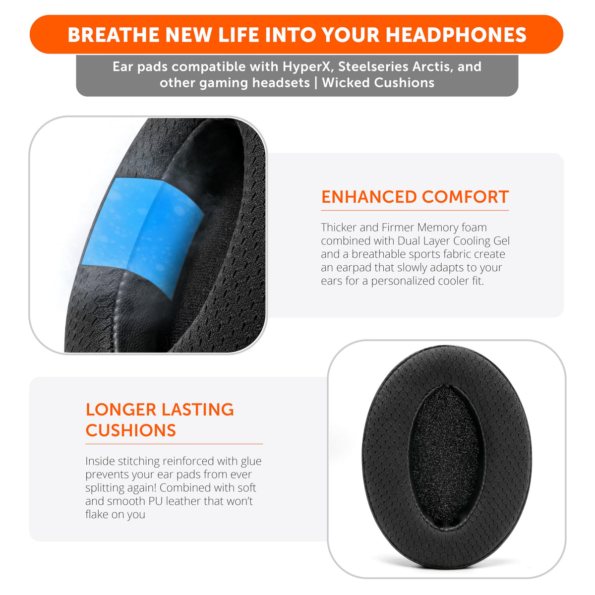 WC earpads installed on HyperX Cloud demonstrating compatibility and comfort