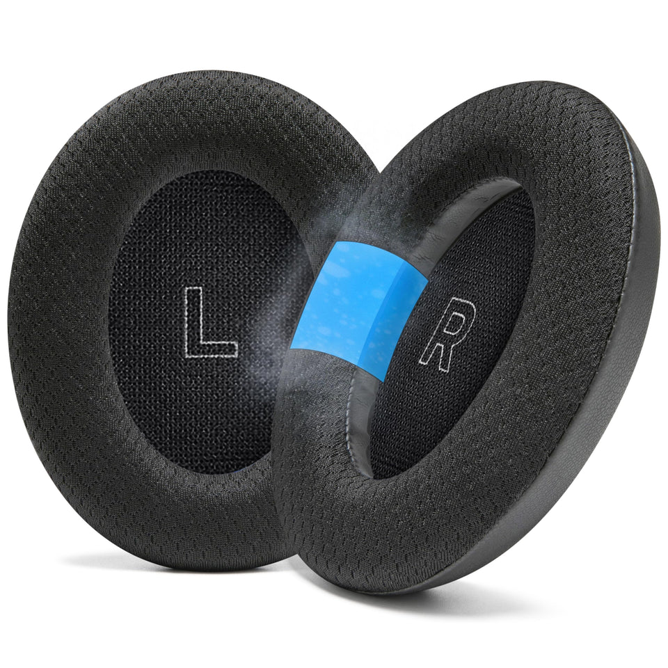 WC cooling earpads front view showing fit and sleek black finish benefits comfort