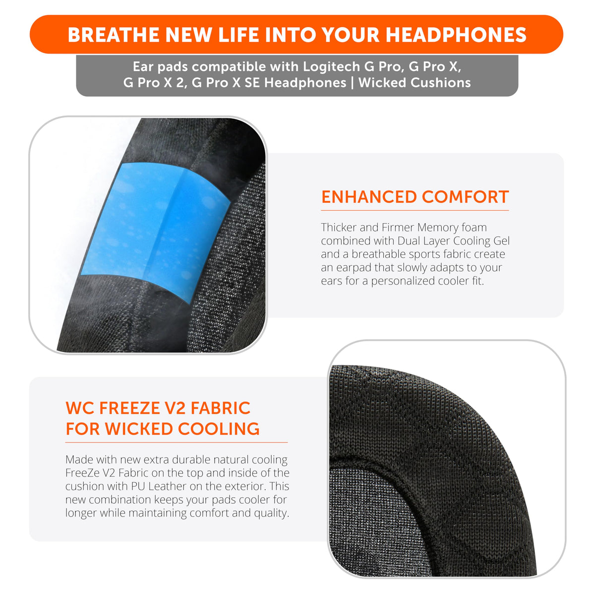 Thick memory foam cross-section of WC FreeZe V2 G Pro X earpads