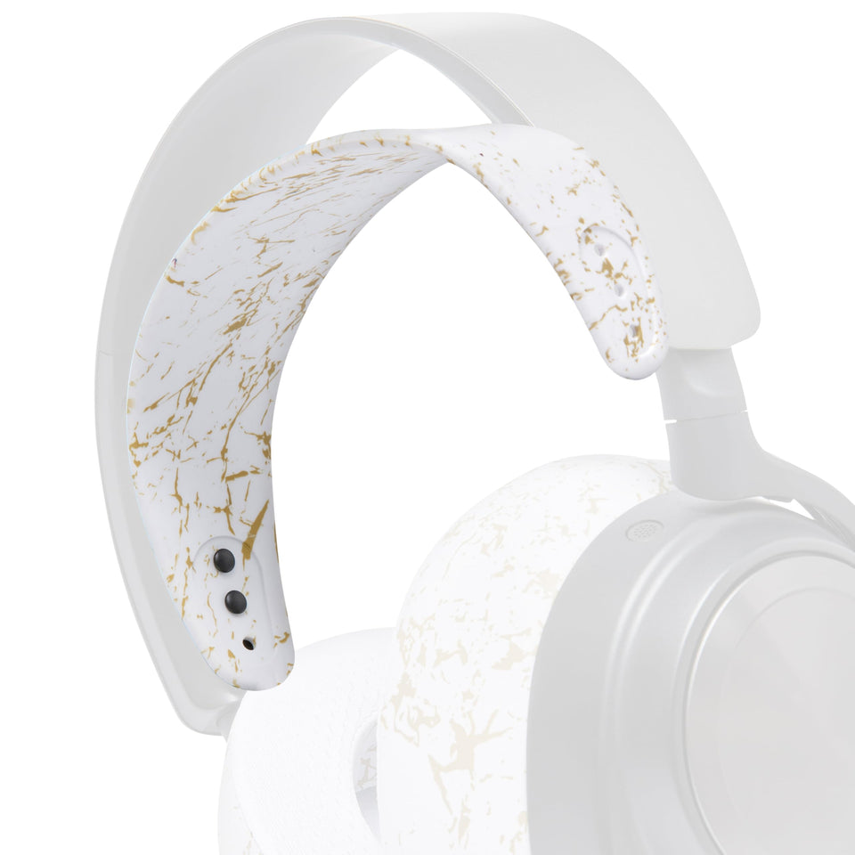 WC HeadbandZ Arctis Nova gold marble shows snug silicone fit for extended gaming sessions.