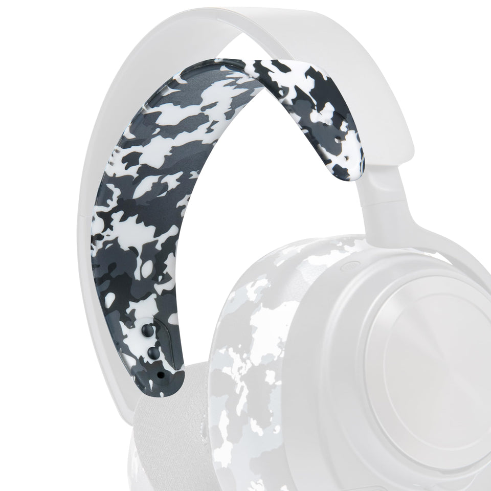 WC HeadbandZ Arctis Nova Snow Camo worn on head for secure, comfortable fit.