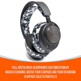 Styled with matching earpads, WC HeadbandZ Arctis Nova Snow Camo enhances look.