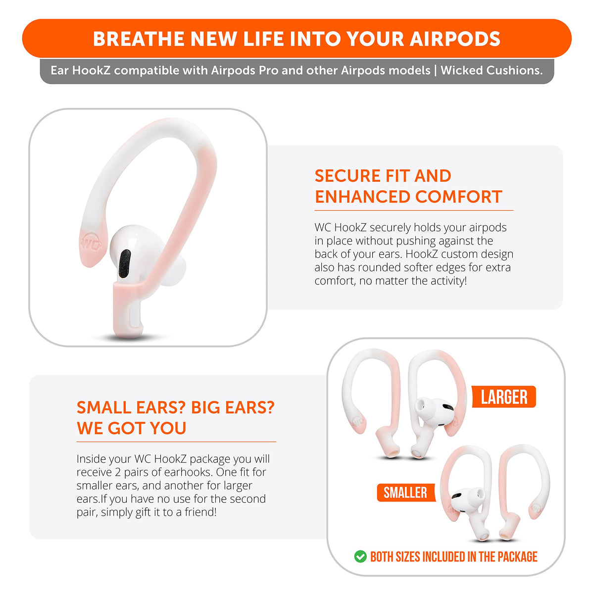 WC HookZ two-size pack included fits different ears and shapes.