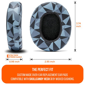 WC pads beside headphone for scale showing full ear coverage benefit