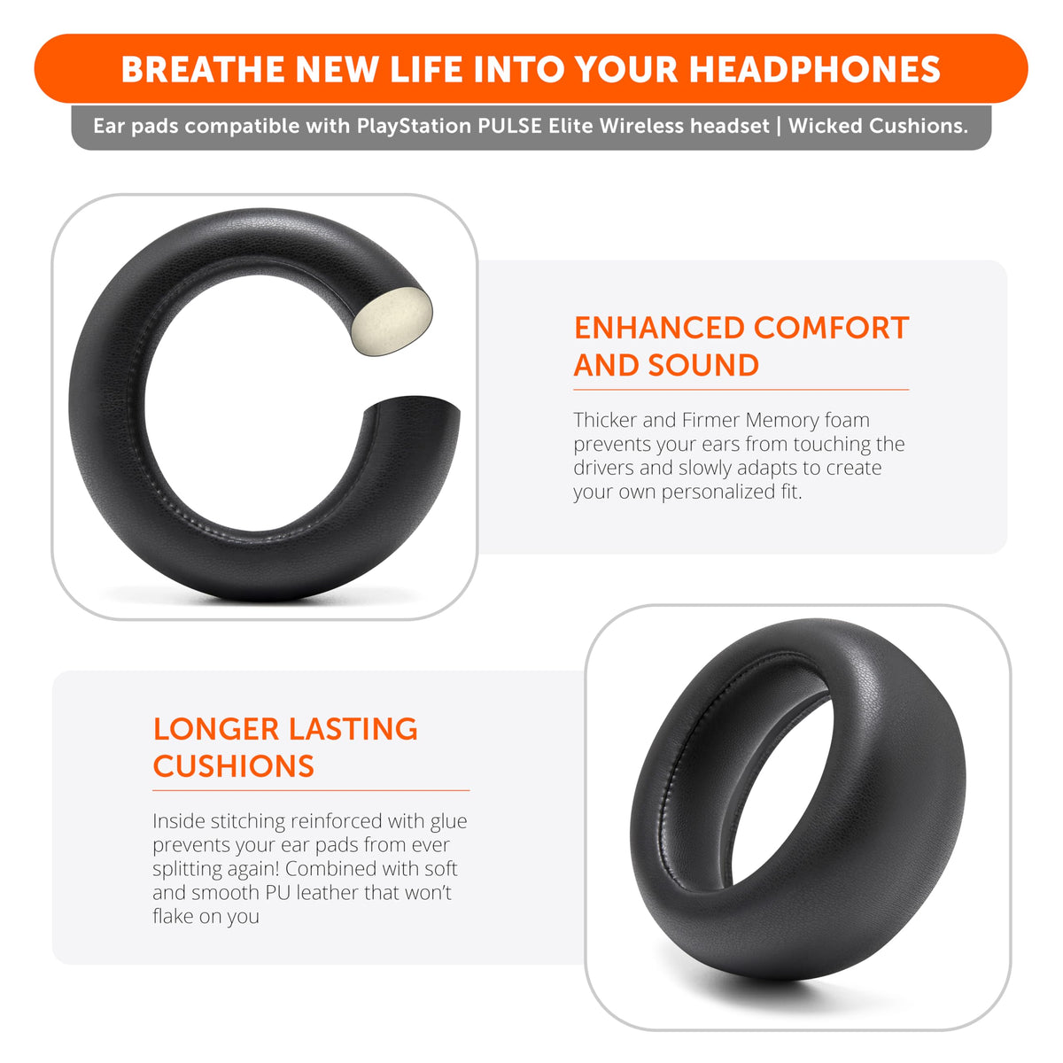 WC PadZ Pulse Elite earpad material detail with PU leather and stitching
