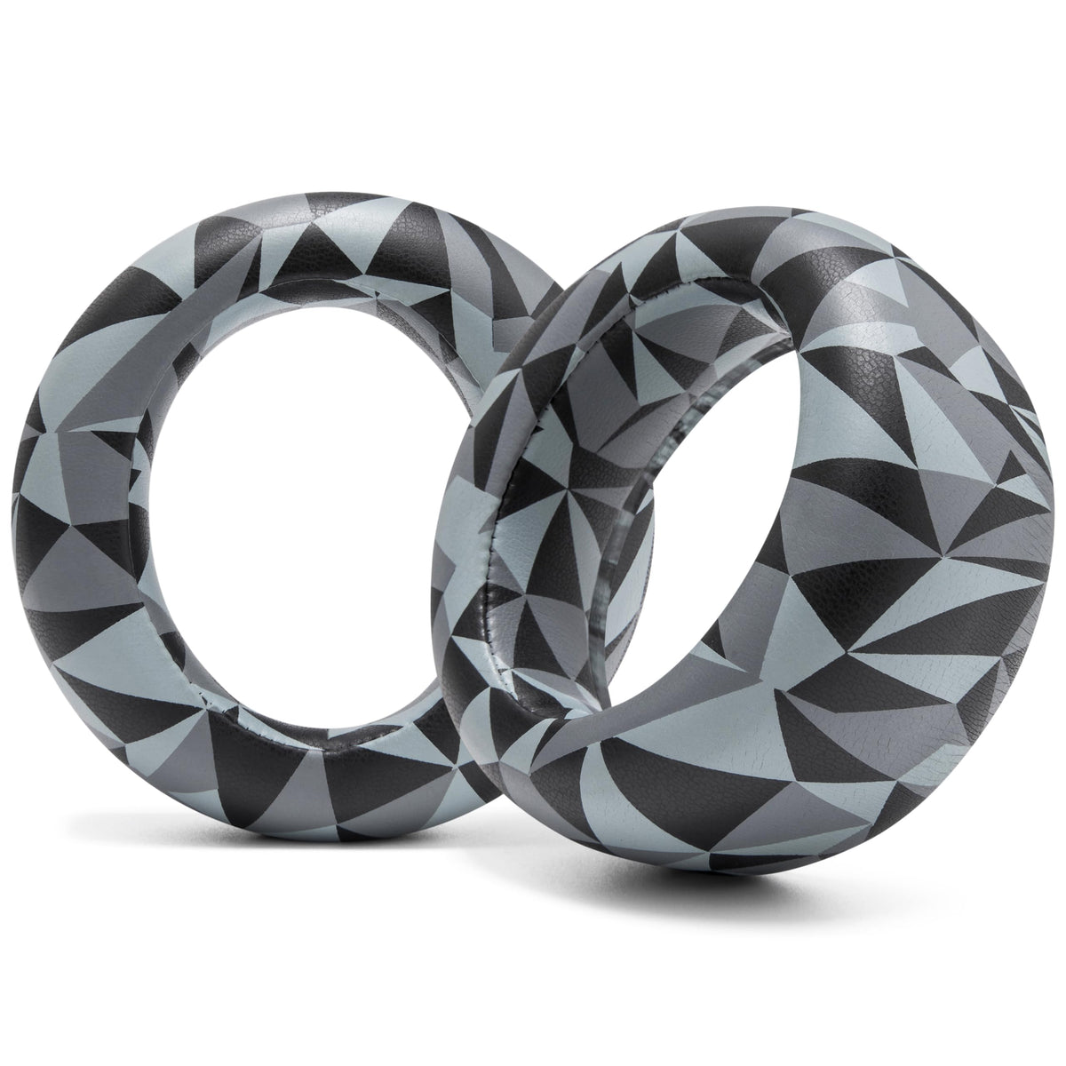 WC PadZ Pulse Elite earpads close-up in Geo Grey showing premium PU leather detail