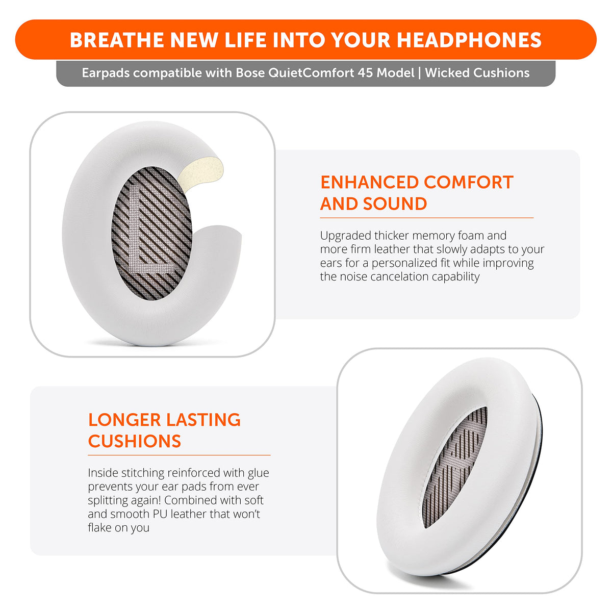 WC PadZ QC45 earpads in-ear fit demonstration for a snug, comfortable seal.