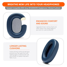 WC PadZ XM5 reinforced stitching blue earpads extend lifespan and resist wear.