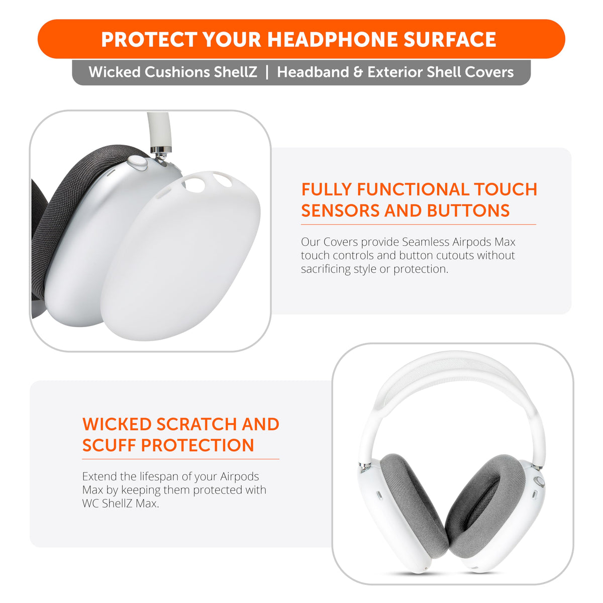 WC ShellZ Max protection image highlights scratch resistance for AirPods Max