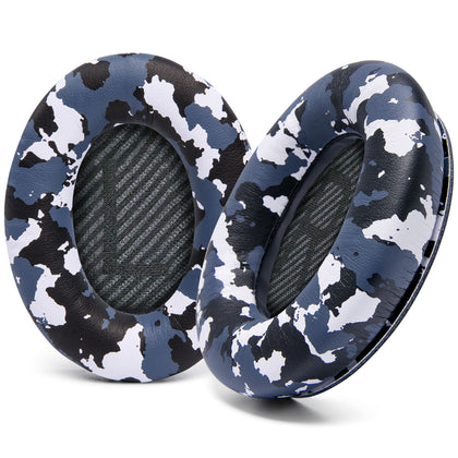WC Snow Camo front view showing replacement ear pads and packaging for quick identification and benefit