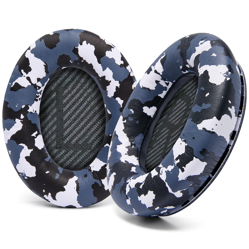 WC Snow Camo front view showing replacement ear pads and packaging for quick identification and benefit