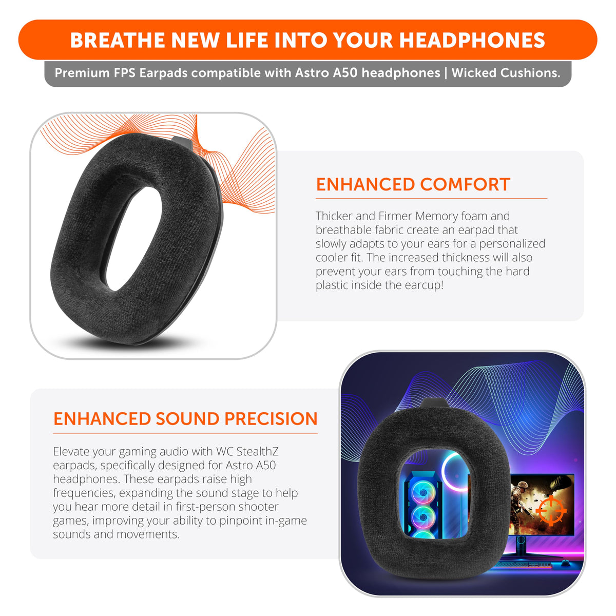 Tool-free installation guide image for WC StealthZ A50 earpads.