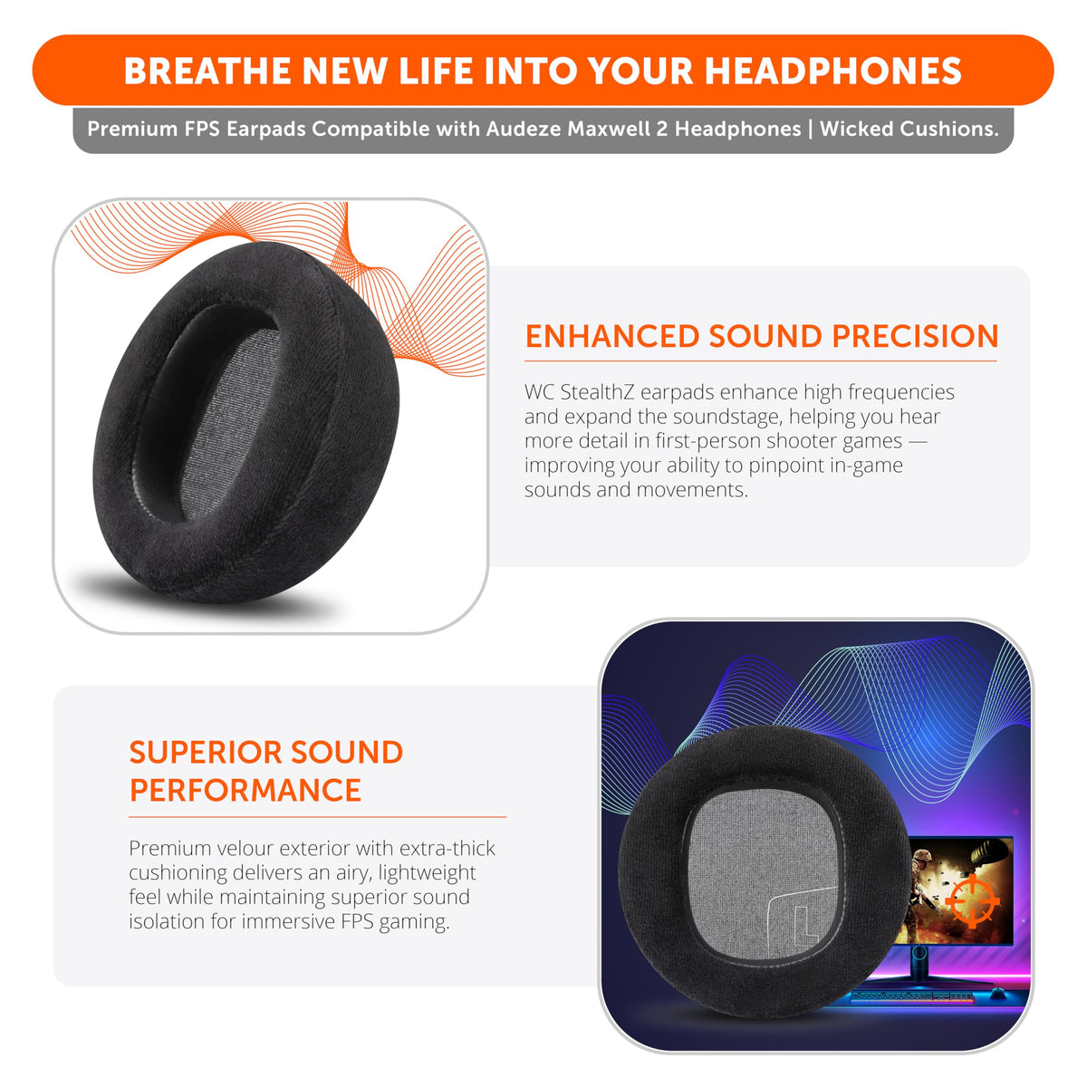 WC StealthZ Maxwell 2 earpads soundstage-enhancement for sharper in-game cues
