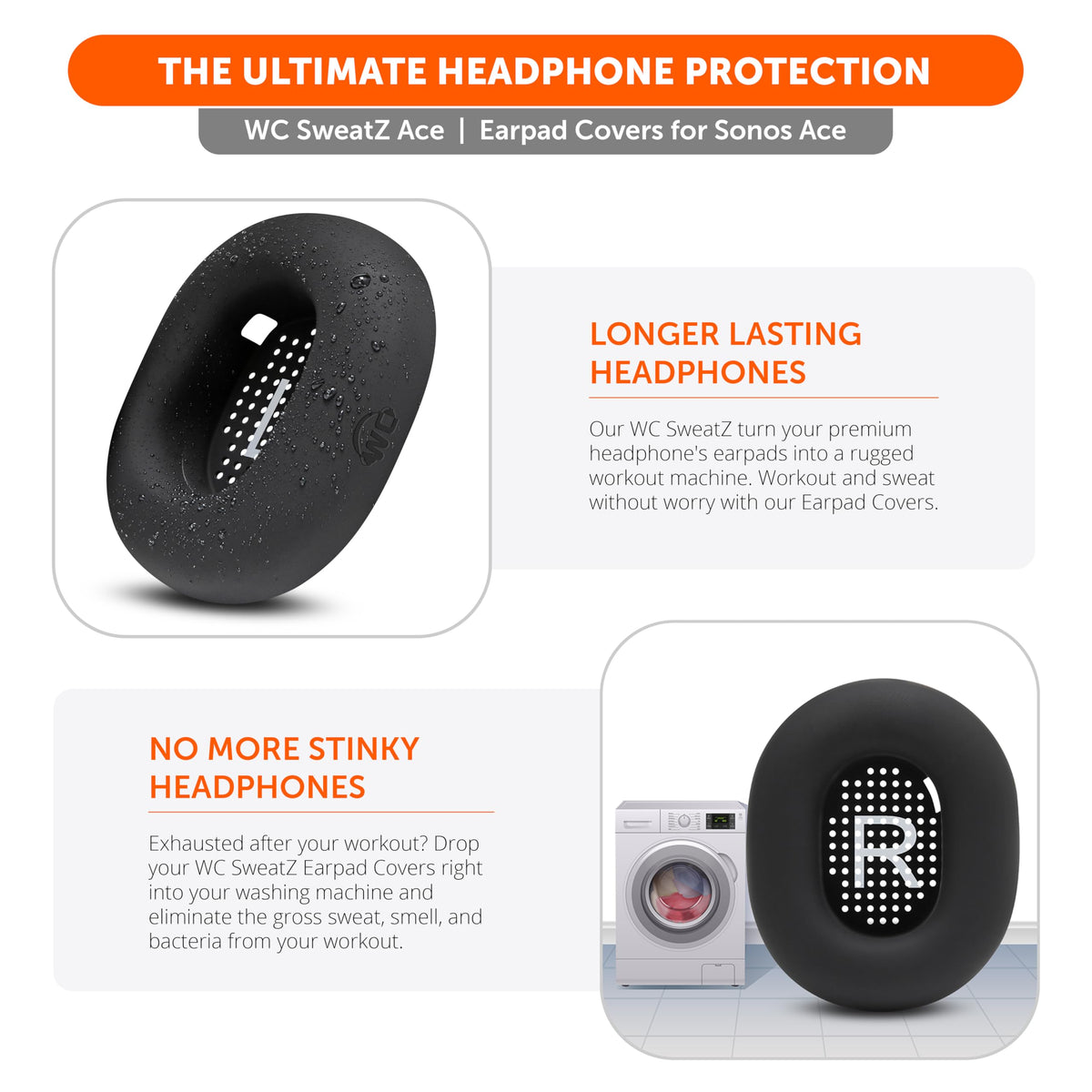 WC SweatZ Ace silicone construction offers durable, stretchable earpad protection