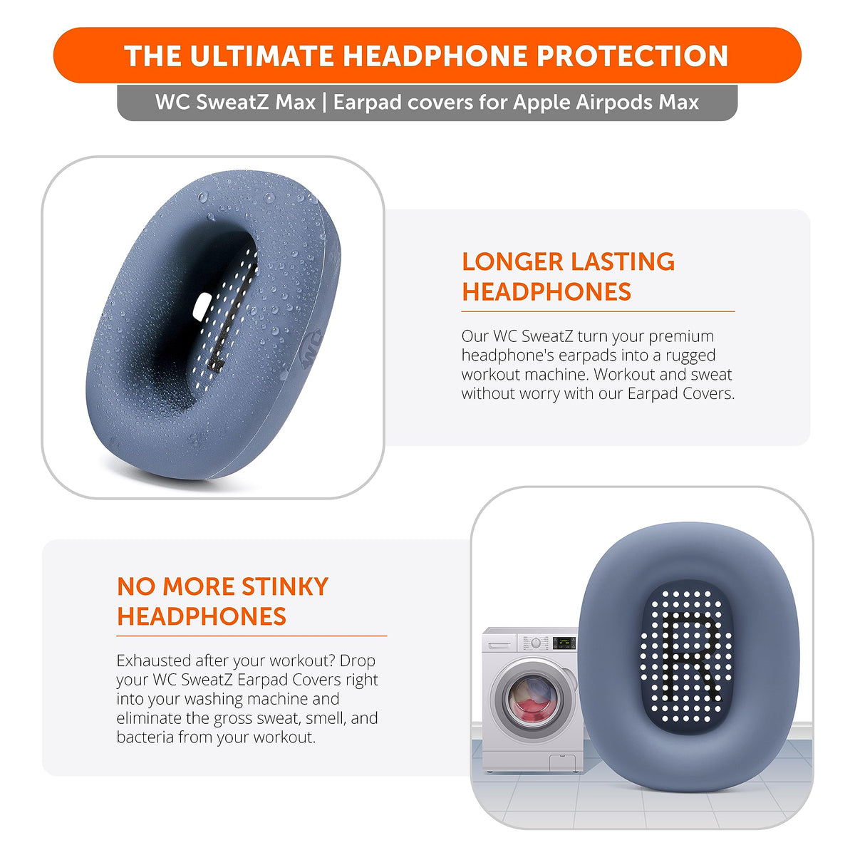 WC SweatZ Max blue sweat-proof material guards earpads during workouts